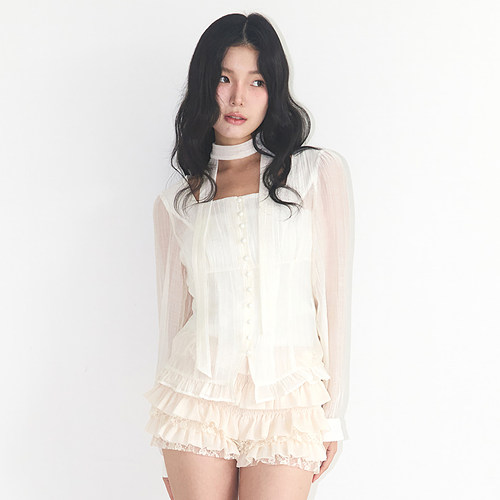 ILLIGO 25秋新款纯欲芭蕾风微透飘带长袖衬衫韩国代购
