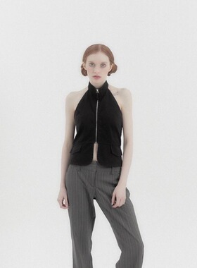 KATER 24夏季新款拉链多口袋挂脖式吊带背心修身露背上衣韩国代购