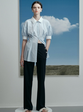 秒发ROMANCHIC21春夏通勤套装条纹压褶收腰短袖衬衫＋高腰阔腿裤