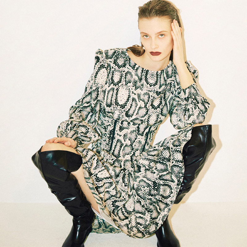 kye蛇皮纹印花廓形束腰长袖