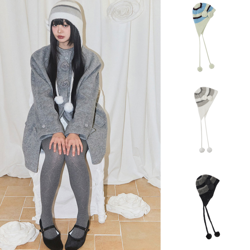 ILLIGO 25冬新款温立体花朵条纹针织帽日韩可爱毛线帽韩国代购