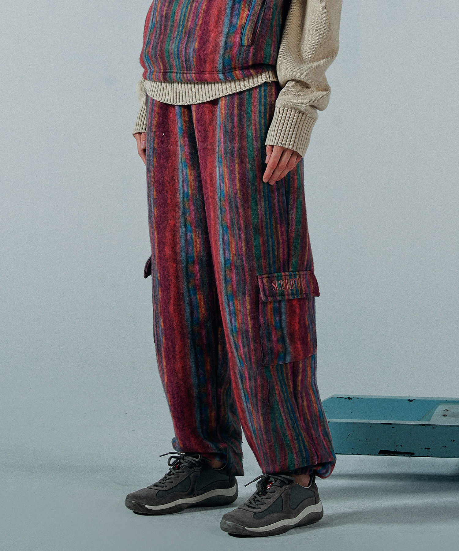 sculptor 22秋冬新款街头复古保暖彩色竖条纹工装裤宽松休闲运动