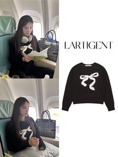 灰现货李娜妍金所愿同款LARTIGENT23秋蝴蝶结图案毛衣短针织上衣