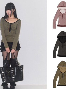 ILLIGO 25冬季条纹短款修身连帽长袖T恤韩国代购