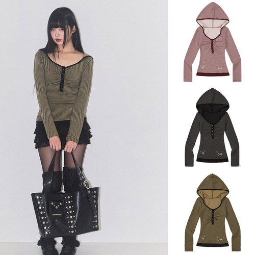 ILLIGO 25冬季条纹短款修身连帽长袖T恤韩国代购