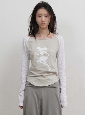 部分现货OJOS 25秋季新款修身拼接星星印花插肩袖长袖T恤韩国代购