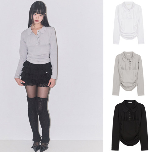 ILLIGO 25 冬新款甜美少女木耳边修身褶皱翻领长袖T恤韩国代购