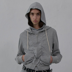 灰现货LCDC 25秋季新品褶皱拉链卫衣连帽衫休闲百搭外套韩国代购