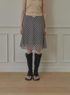 LETERIE 24夏季新品法式复古格纹网纱裙休闲中长半身裙韩国代购