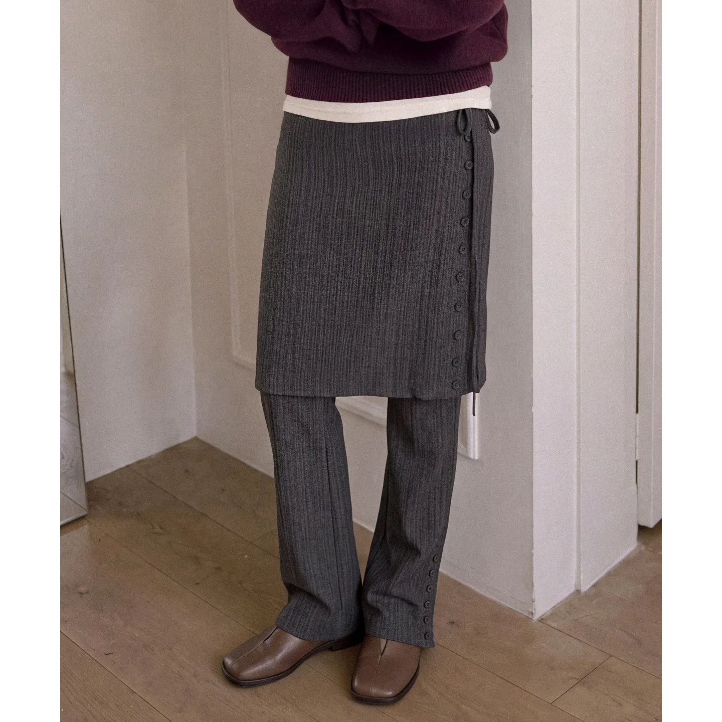 FOLNUA 26秋罗纹针织裤套装女 围裹半身裙+微喇长裤韩国代购