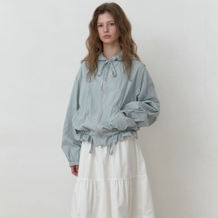 AMONG 25春季新款宽松休闲木耳边抽绳褶皱连帽外套女韩国代购