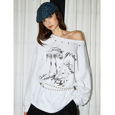 LARTIGENT 25秋季新品宽松斜肩铆钉卫衣休闲百搭上衣女韩国代购