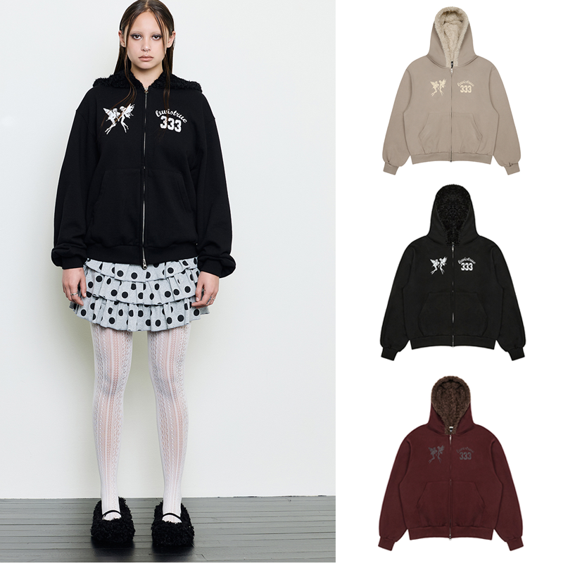 LUV IS TRUE 25冬季新款印花加绒连帽卫衣拉链外套韩国代购