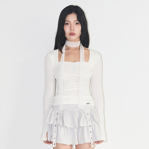 ILLIGO 25秋新款修身辣妹纯欲拼接褶皱长袖上衣韩国代购