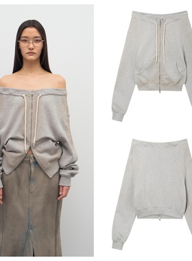 现货LCDC 25秋新品喷洗做旧一字肩拉链卫衣外套抽绳设计韩国代购