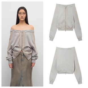 现货LCDC 25秋新品喷洗做旧一字肩拉链卫衣外套抽绳设计韩国代购