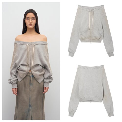 现货LCDC 25秋新品喷洗做旧一字肩拉链卫衣外套抽绳设计韩国代购