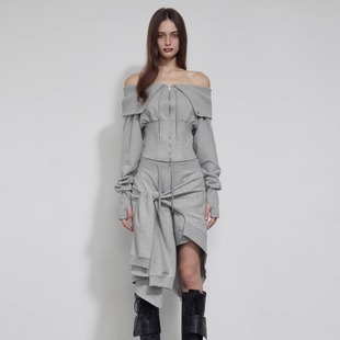 韩国代购 BOHEMSEO 25秋一字肩拉链卫衣不对称半裙套装