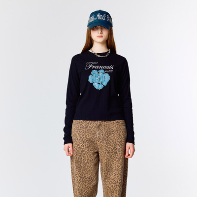 LARTIGENT 25春季新品美式复古玫瑰正肩显瘦长袖T恤韩国代购