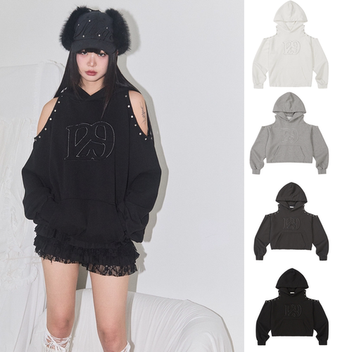 ILLIGO 25冬季新款 街头风露肩宽松连帽卫衣logo刺绣上衣韩国代购