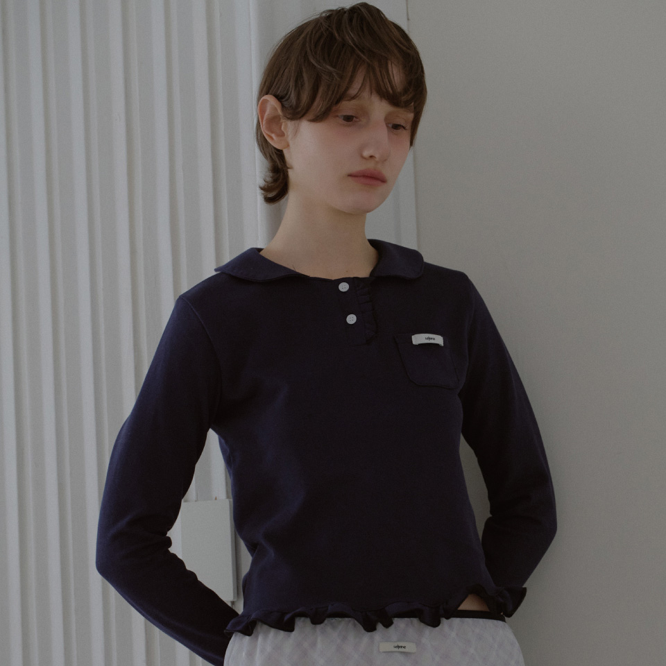 LETERIE 25春新品淑女娃娃领荷叶边长袖T恤休闲通勤上衣韩国代购