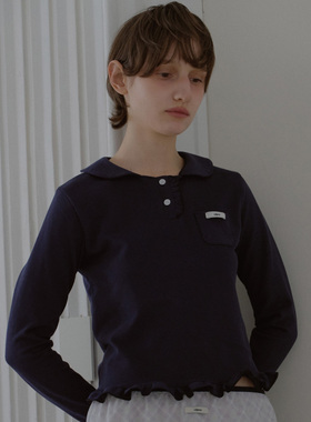 LETERIE 25春新品淑女娃娃领荷叶边长袖T恤休闲通勤上衣韩国代购