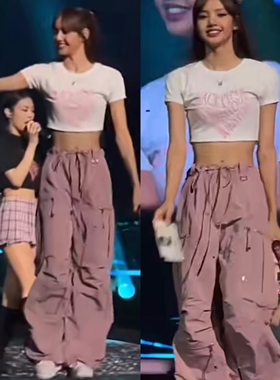 现货Lisa同款Nache 抽绳褶皱设计日韩街头降落伞工装裤韩国代购