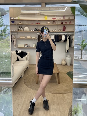 现货GLOWNY 24夏季polo领修身显瘦连衣裙学院风短袖长裙韩国代购