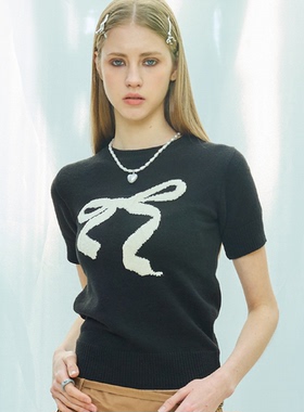 LARTIGENT 24春季新品蝴蝶结针织短袖T恤短款露脐毛衣韩国代购