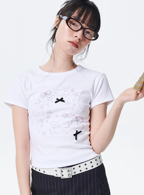 runningHIGH 25夏季新款修身简约蝴蝶结猫咪印花短袖韩国代购