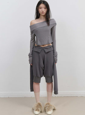 OJOS 25秋弧形裁剪镂空T恤多穿法薄款微透天丝羊毛打底衫韩国代购