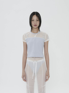 现货/OJOS 24夏拼接透视网纱设计感短袖宽松百搭基础T恤韩国代购