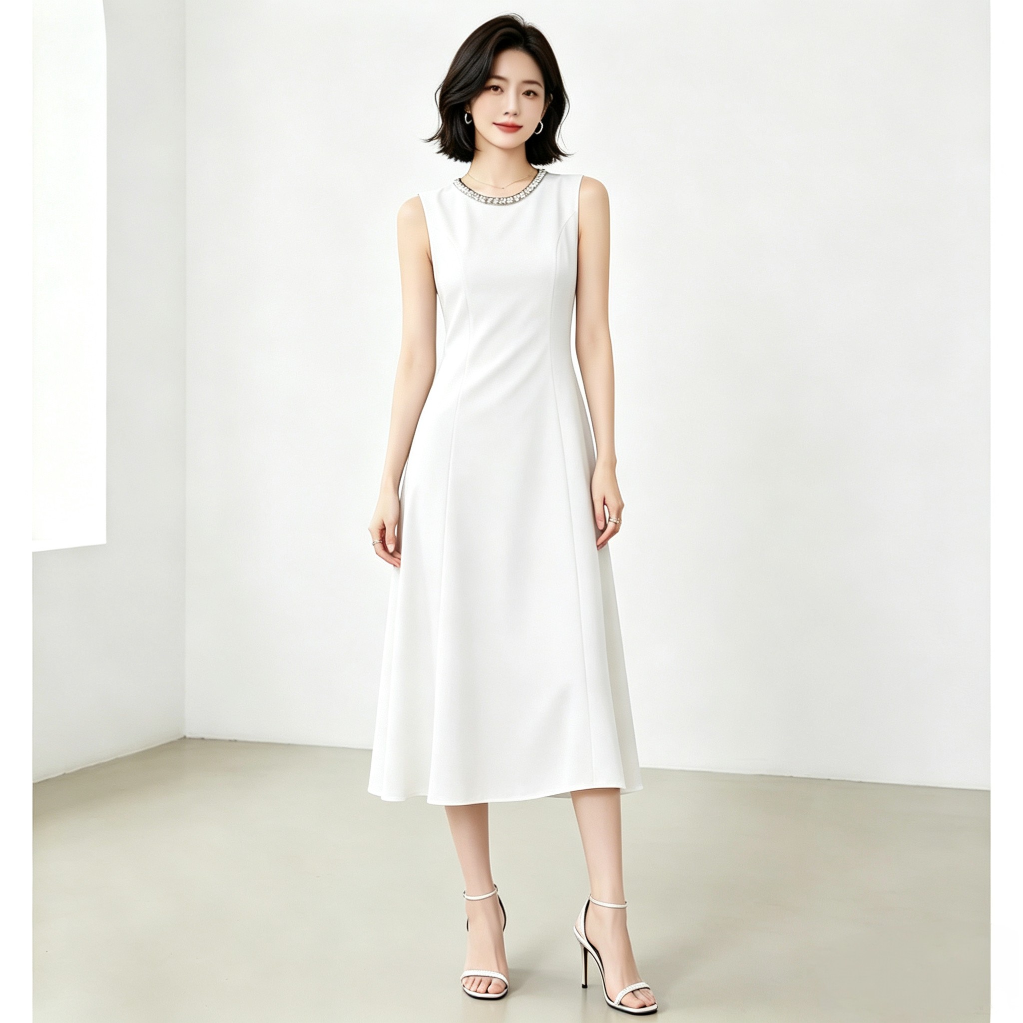 2026显瘦得体裙子订婚礼服裙钉珠小白裙连衣裙女长裙轻奢名媛裙