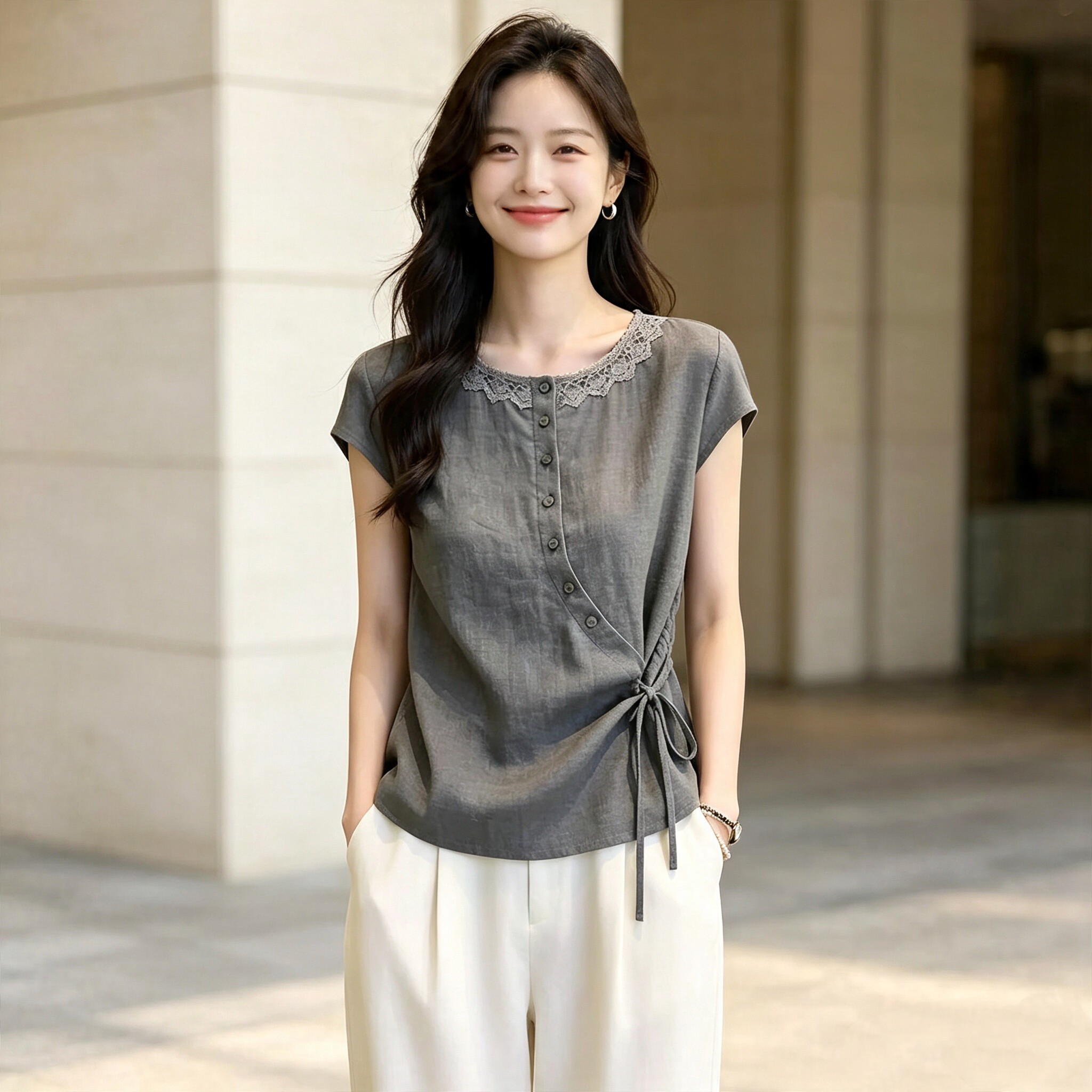 灰色系带衬衫女短袖2026夏季新款时尚减龄显瘦设计感蕾丝花边上衣