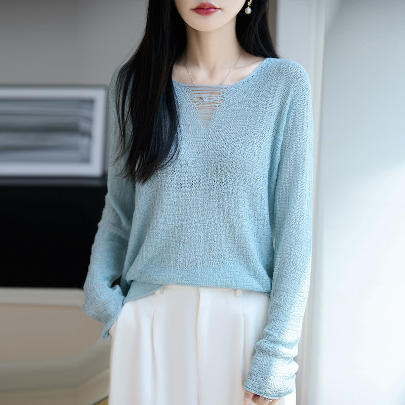 亚麻莱赛尔天丝圆领套头长袖上衣夏季新款纯色百搭针织衫长袖毛衣