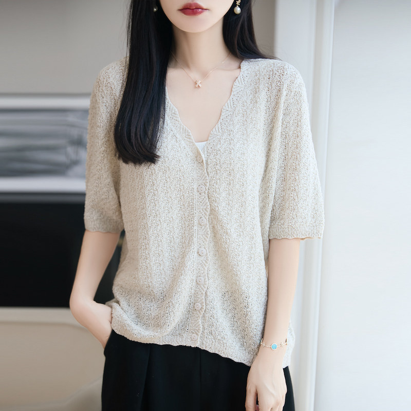 老钱风花边V领针织开衫女米白色天丝亚麻凉快夏季新款短袖上衣