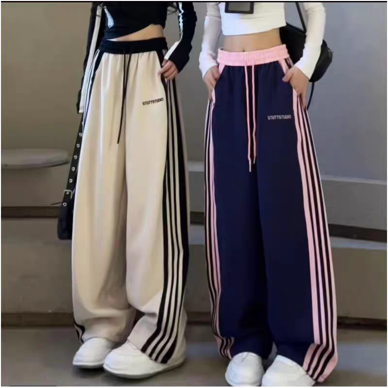 美式条纹阔腿裤女2026秋季新款撞色拼接高腰宽松弯刀运动休闲裤