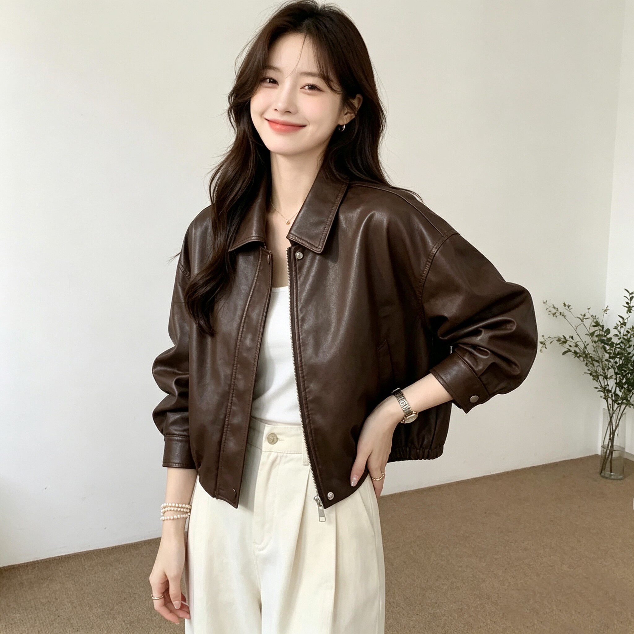 美式短款皮衣女秋季新款时尚休闲皮夹克外套港风复古翻领短款外套