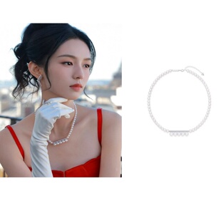 T家款平衡木珍珠项链五铢横杠配全珠链镶钻石周也巴黎时装任嘉伦