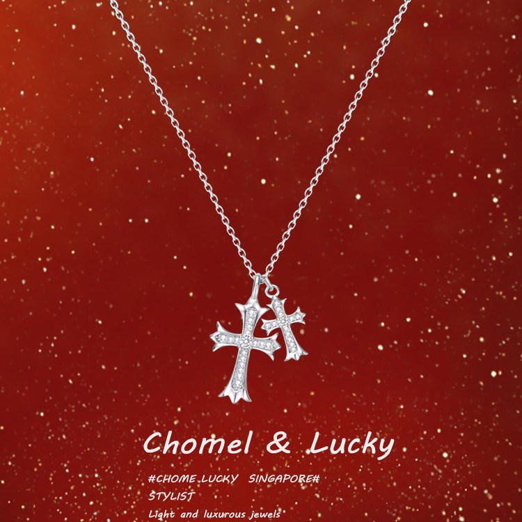 「十字星芒」S999纯银双十字架项链复古美式镶钻锁骨链送女友礼物