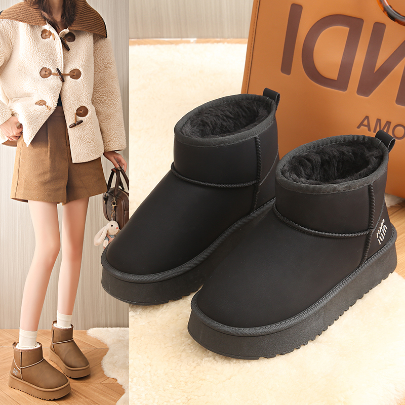 厚底雪地靴女冬季2025新款加绒加厚保暖皮面防水防滑松糕底棉靴子