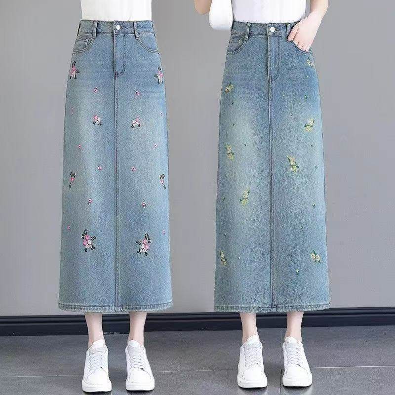 国风中式碎花刺绣牛仔半身裙夏季2026新款高腰显瘦开叉中长款裙子
