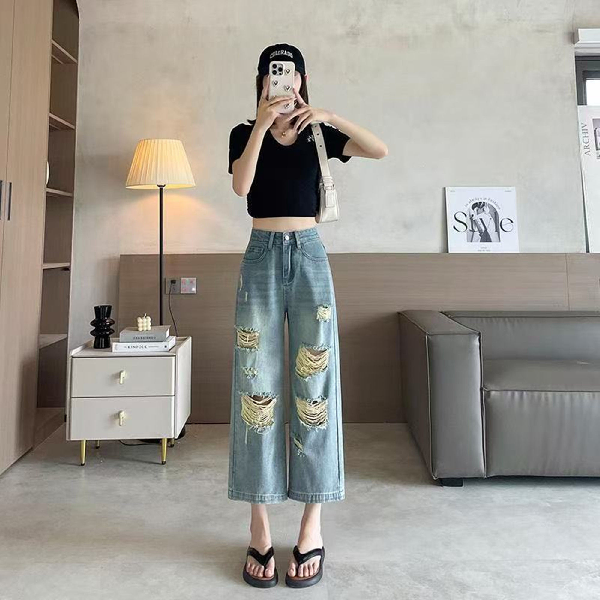 夏季薄款破洞八分阔腿牛仔裤女2026新款复古高街宽松显瘦小个子潮