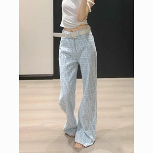 女2026春秋高腰气质设计感阔腿拖地裤 韩版 潮流字母印花直筒牛仔裤