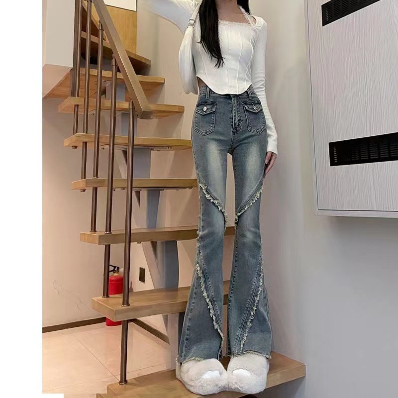美式复古微喇牛仔裤女春秋2026新款毛边马蹄裤小众设计感喇叭裤子