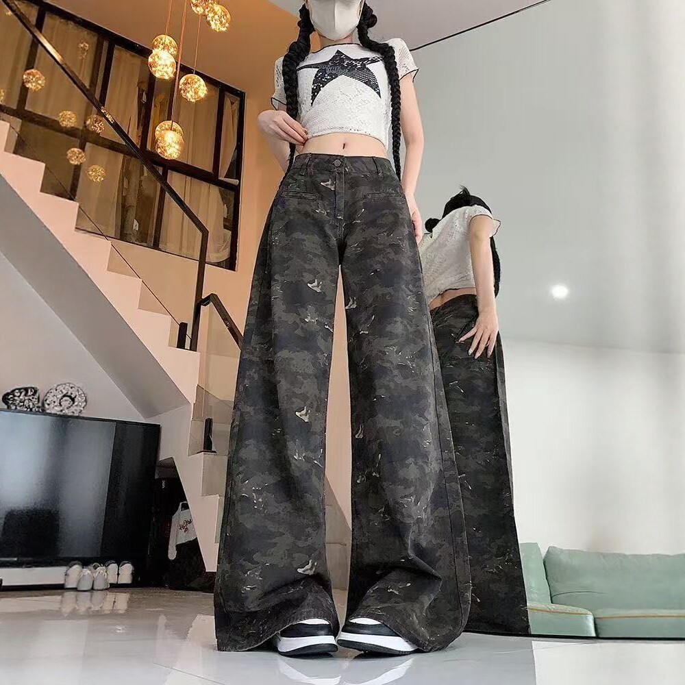 美式复古迷彩阔腿牛仔裤女春秋新款高腰宽松显瘦垂感直筒休闲裤子