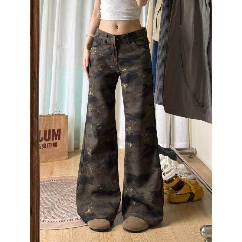 美式复古迷彩微喇牛仔裤女春秋2026新款辣妹低腰显瘦喇叭裤马蹄裤