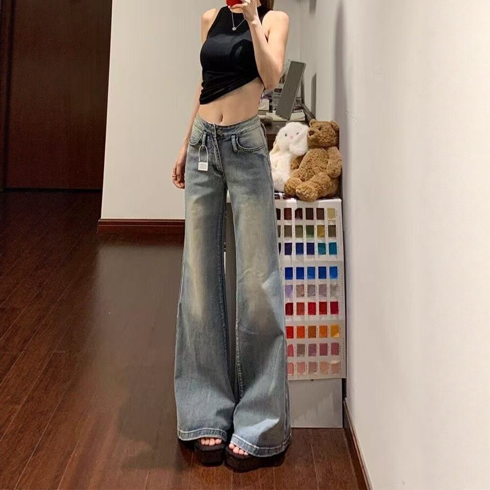 美式浅蓝色复古水洗低腰微喇牛仔裤女春季新款修身显瘦拖地喇叭裤