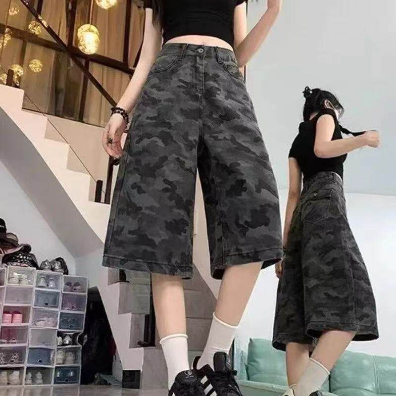 胖妹妹大码迷彩牛仔短裤女显瘦直筒七分裤夏薄款宽松百搭阔腿中裤