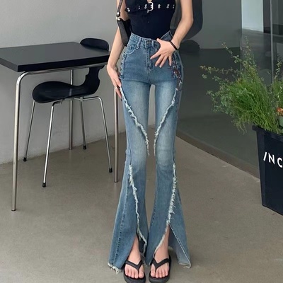 微喇叭长裤牛仔裤开叉毛边绑带